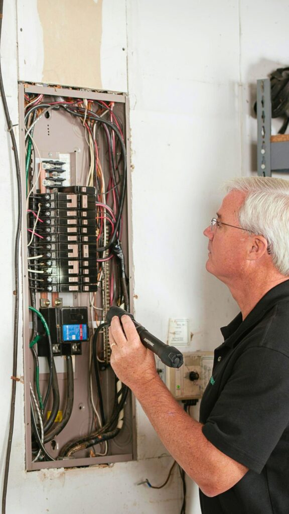 A licensed inspector performing a 4 point inspection in Vero Beach, Florida, focusing on the electrical panel as part of required insurance documentation.